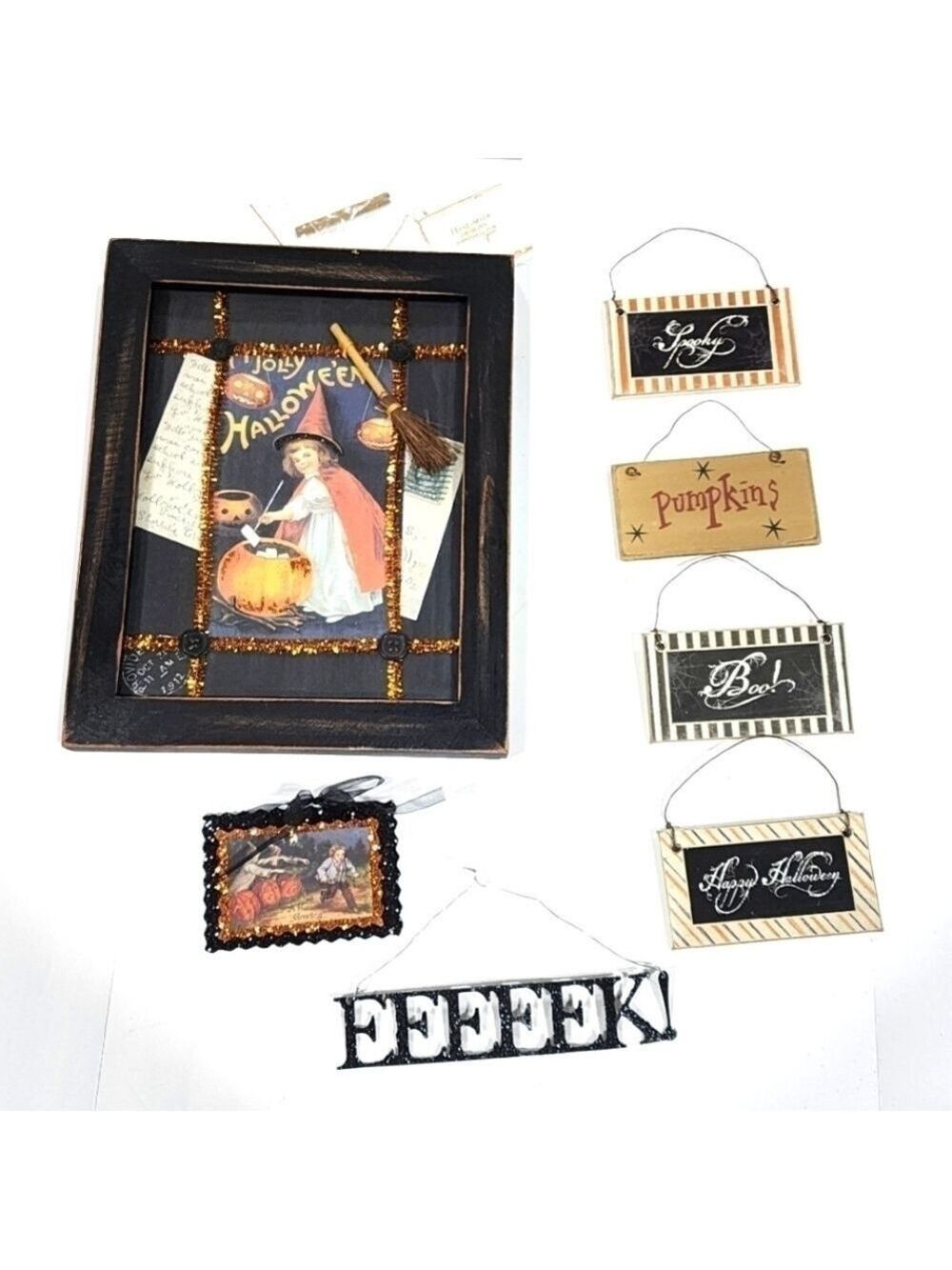 Lot of 7 Halloween decor shadow box witch frame wood plaque ornament decor